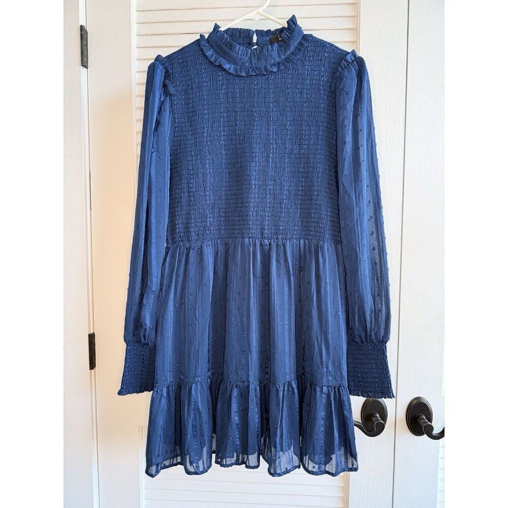 Lulus Blue Smocked Ruffle Long Sleeve Mini Dress XL Swiss Dot Sheer Sleeves